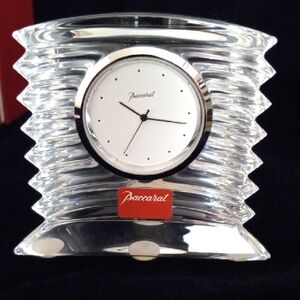 Baccarat Clear Crystal White Dial Red Logo France Luxury Desk Mantel Timepiece